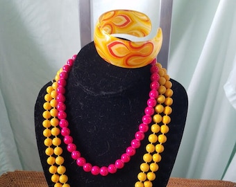 Four Piece Vintage Mod Costume Collection-Glass Beads, Cuff Bracelet