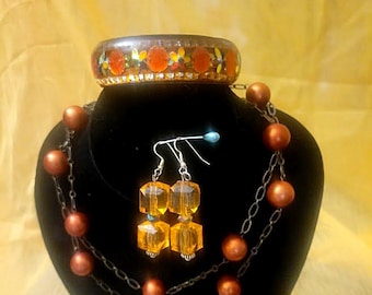 Vintage 70's Amber/Orange Collection of Four-Necklace, Bracelet, Earrings