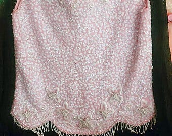 Vintage 1950's Miami Florida Pink Beaded Sequin Knit-Top Made in Hong Kong