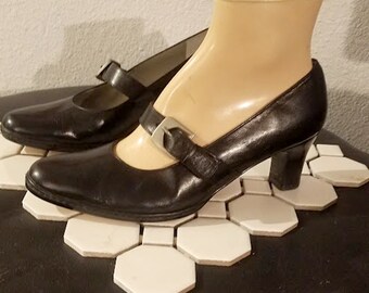 Vintage 70's Black Leather "Rhommerson" Buckle-Strap Pumps