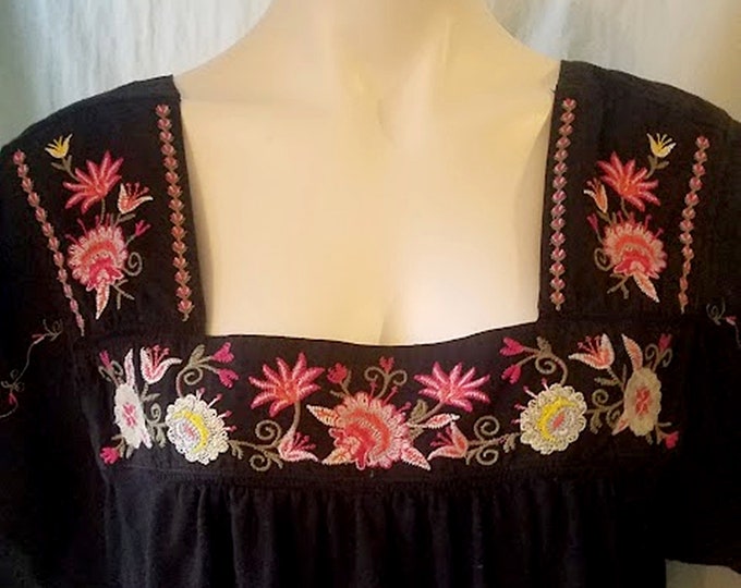 Soft Sexy Pink Embroidered Black Peasant Top