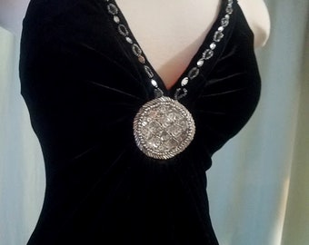 Black Velveteen Halter Dress Waterfall Hemline