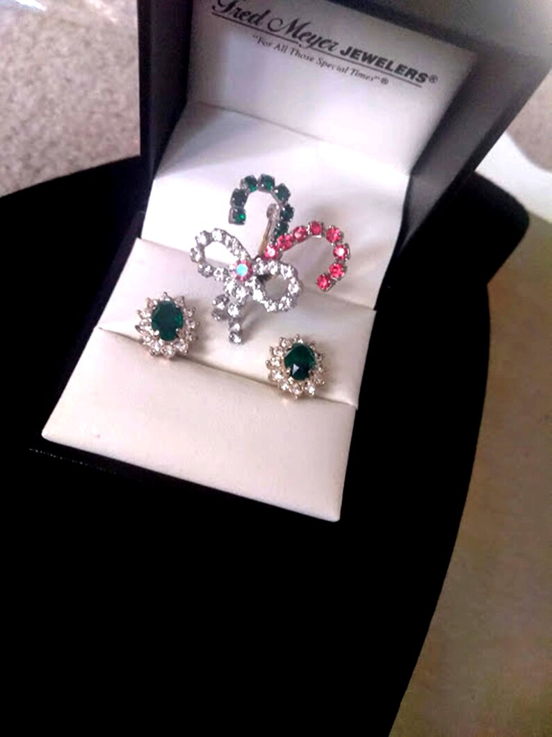 Vintage Candy Cane Pin and Emerald Rhinestone Earrings