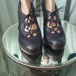 Vintage Lace-Up Leather & Suede Navy Platforms