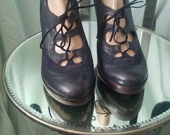 Vintage Lace-Up Leather & Suede Navy Platforms