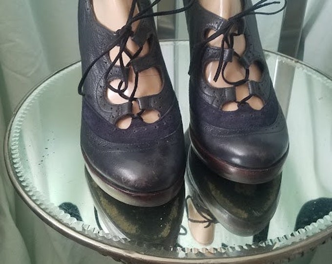 Vintage Lace-Up Leather & Suede Navy Platforms