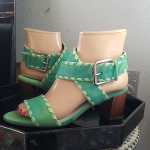 Vintage Mod Green Ultra-Suede Chunky Heel Sandals