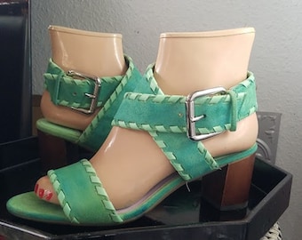 Vintage Mod Green Ultra-Suede Chunky Heel Sandals