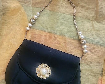 Vintage 90's Black Taffeta Cocktail Purse with Pearl Accents