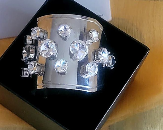 Made in Italy Signed Swarovski Crystal Studded Silver Cuff Bracelet