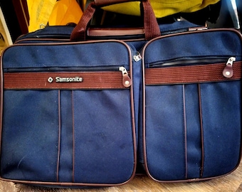 Vintage 80's Deluxe Samsonite Carry-on: Navy Blue Leather Trim