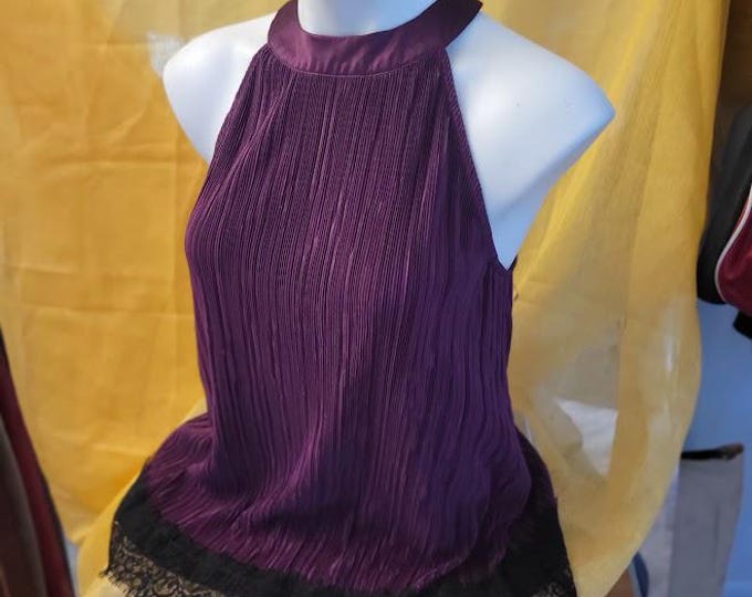 Purple Pleated Satin Black Lace Hem High Neck Vintage 90's Top