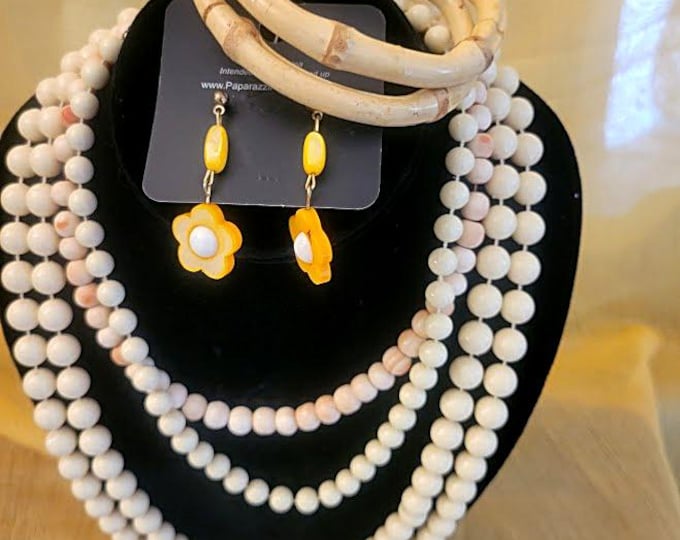 Eight Piece Collection of 3 Strands Vintage Beads, Earrings, 2 Bracelets, Ring