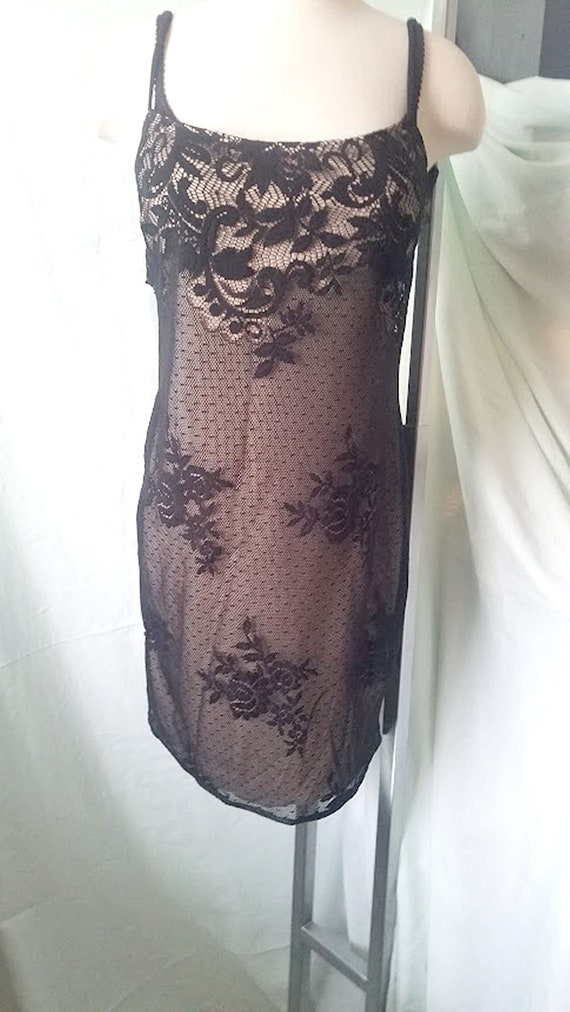 Vintage 90's Fully-Lined Black Lace Dress/Slip/Li… - image 1