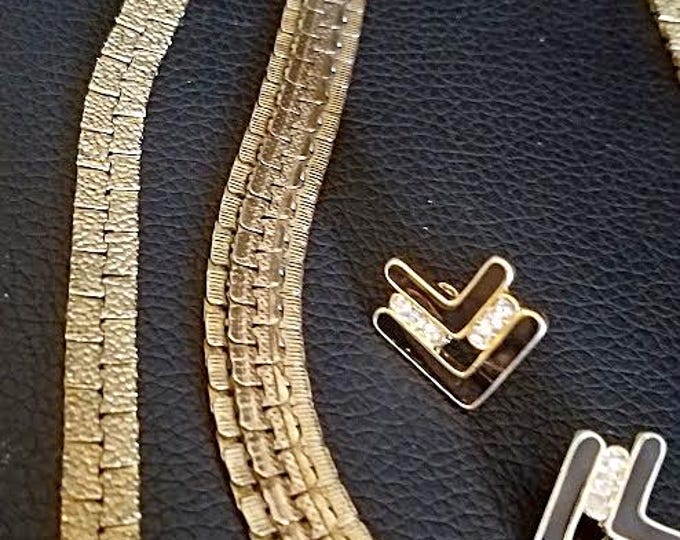 1940's Kreisler Gold Plated Brick Link Necklace & Tassel Bracelet-Sarah Coventry Enamel Earrings