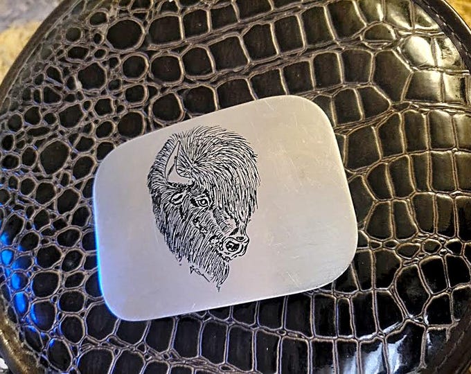 Vintage 1980's Mains-Favre Handmade Brushed-Nickel Etched Buffalo Belt Buckle