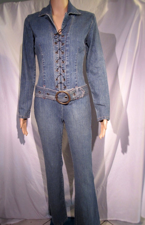 Vintage Denim Lace-Up Belted Jumpsuit