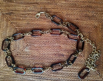 Vintage Faux Tortoise Rectangle Gold Chain Belt 48"