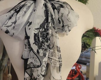 Silk Vintage Scarf 64" Long Black & White Paris Galleries Theme