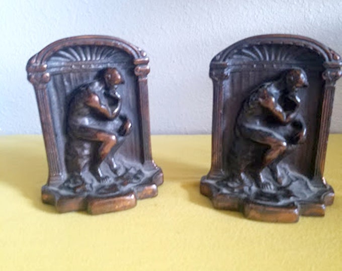 Vintage Cast-Iron Bronze Bookends Rodin's "The Thinker"