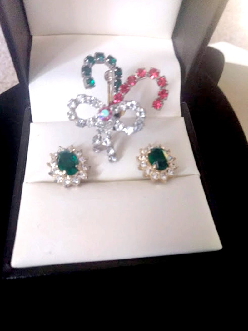 Vintage Candy Cane Pin and Emerald Rhinestone Earrings