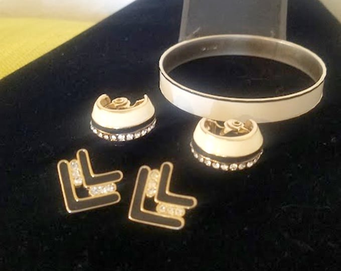 Vintage Enamel Rhinestone Earrings & Enamel Bangle Bracelet