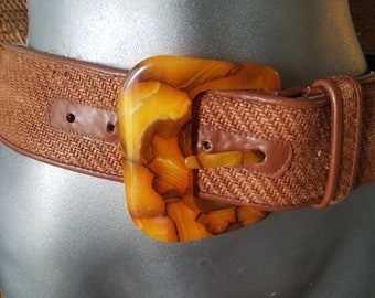Vintage Wide Woven Belt With Tortoise Style Buckle