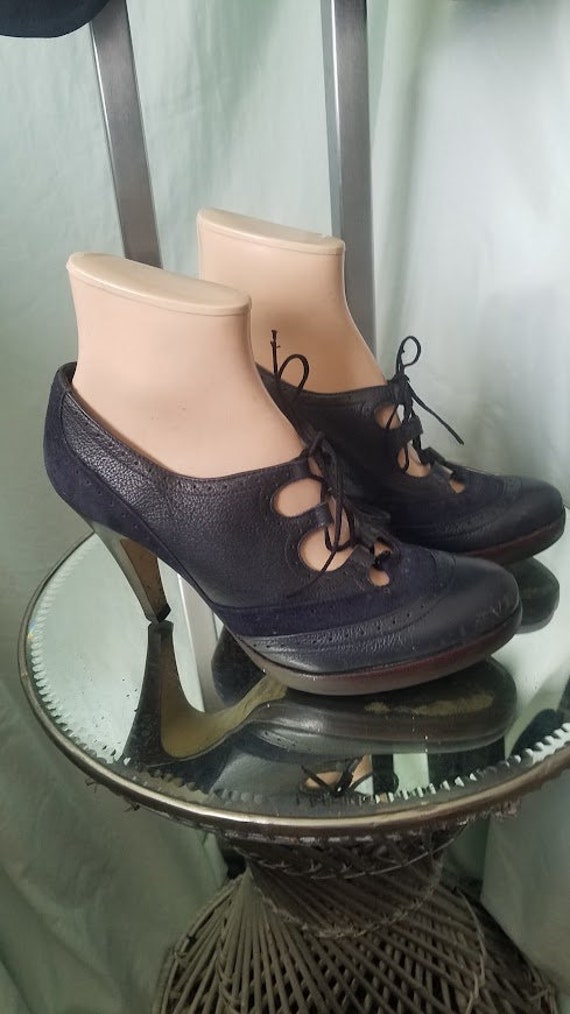 Vintage Lace-Up Leather & Suede Navy Platforms