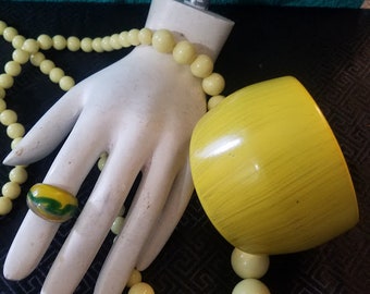 Unique Vintage Yellow Cuff Bracelet, Glass Ring & Necklace