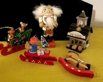 Vintage Hand-Painted Wooden Ornament Collection of 5