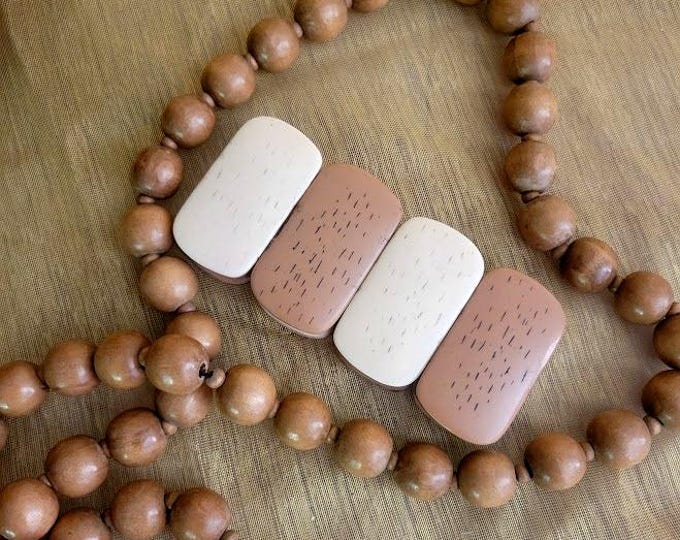 Vintage Mod 80's Wooden Hand Strung Beads, Wood Grain Bracelet, Matching Ring