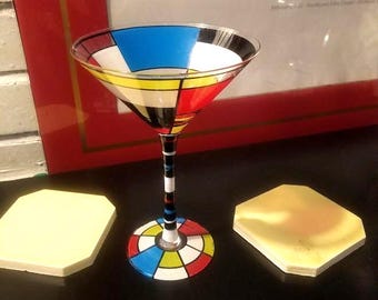 Vintage Geometric Martini Glass Hand-Painted Geometric Primary Colors Barware