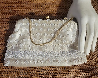 Handmade in Hong Kong Vintage 60's Satin Beaded Purse Winter White
