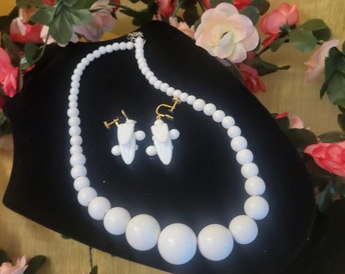 Vintage West Germany 1940's Earrings and White Wooden Bobble Necklace-Atomic Mod
