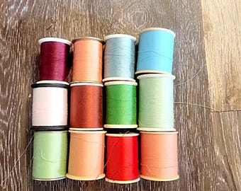 One Dozen Assorted Vintage Thread Spools, Multi-Color Sewing Stash Lot