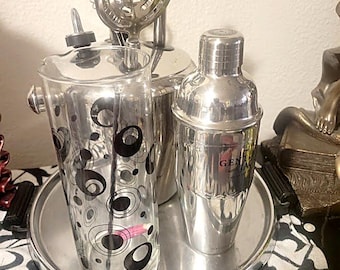 Vintage 10 Piece Stainless Bar Collection, Tray, Ice Bucket, Shakers, Tools