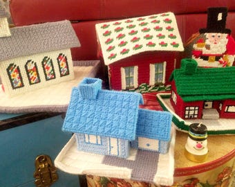 Vintage Handmade Needlepoint Blue & White House for Christmas Village