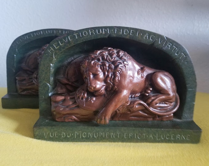 Heirloom Bronze Cast Iron Lyon of Lucerne Bookends Circa 1920 Switzerland