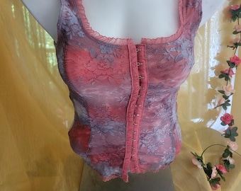 Vintage Lace Hook-Front Corsett Style Tank Top- Peach & Gray
