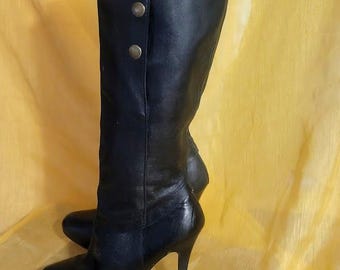 Quality Black Leather Vintage 90's Tall Snap-Up Boots Spiked Heels