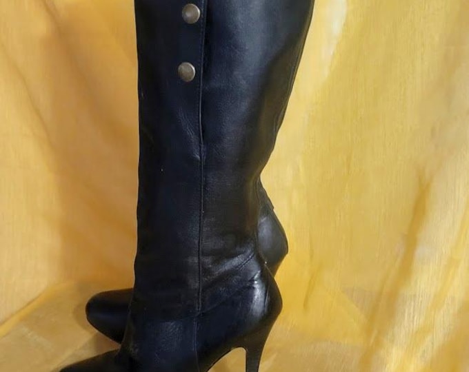 Quality Black Leather Vintage 90's Tall Snap-Up Boots Spiked Heels