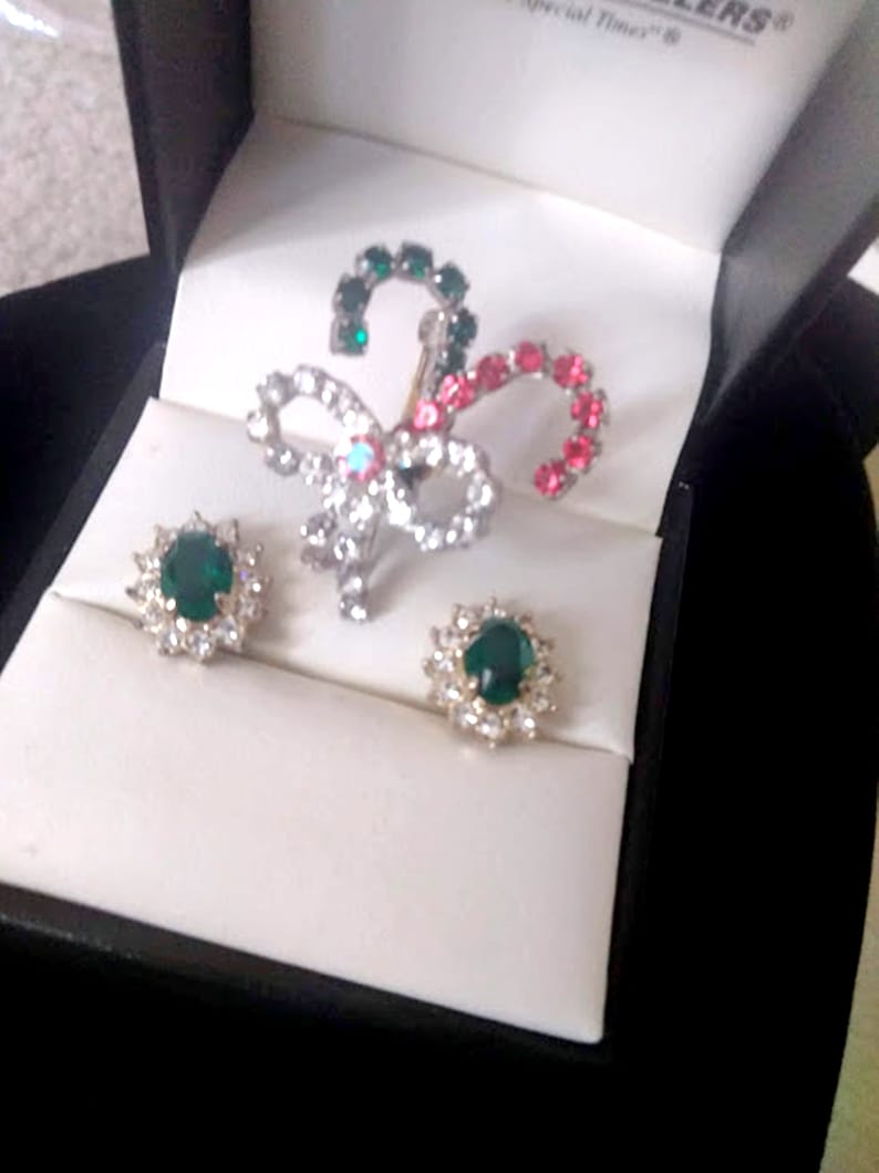 Vintage Candy Cane Pin and Emerald Rhinestone Earrings