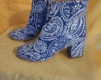 Vintage Paisley Brocade Ankle Boots Chunky Heels