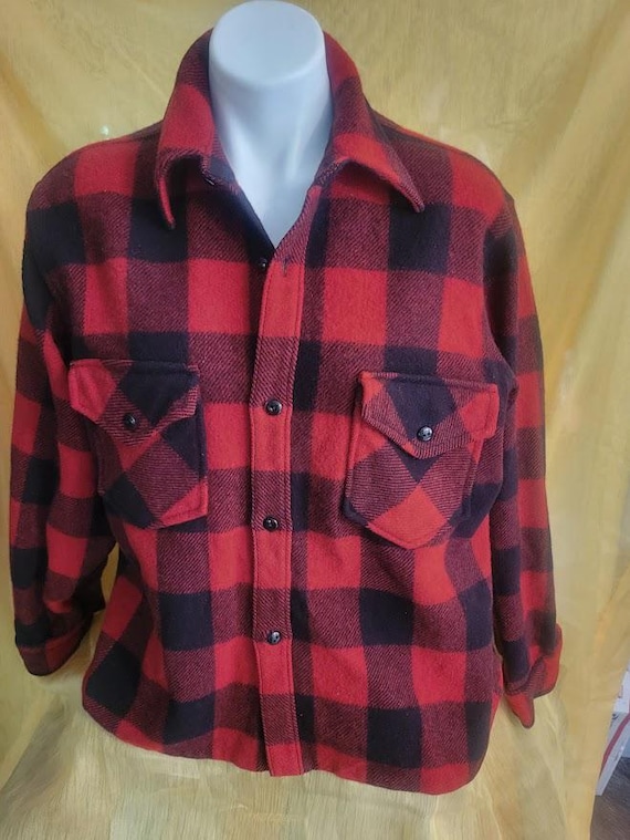 Chippewa, Vintage 90's Chippewa Falls Woolen Mills Red & Navy Plaid Wool Hunter's Shirt Made in Wisconsin