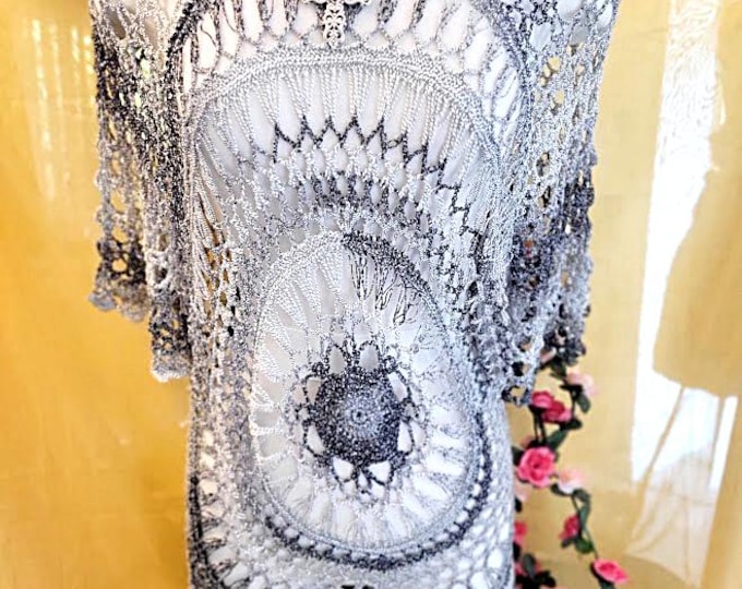 Beautiful Silver and Gray Acrylic Crochet Swimsuit Cover-Up, Top, Dress