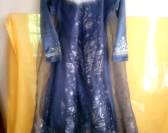 Imported Princess Gown in Blue Velveteen with Sparkling Netting Cape Size 8-10