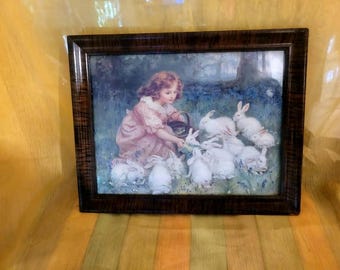 Vintage Girl with Bunnies Framed Art