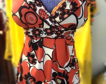 Vintage Polyester Mod Sundress with Empire Waist, Built-In Bra, Imported