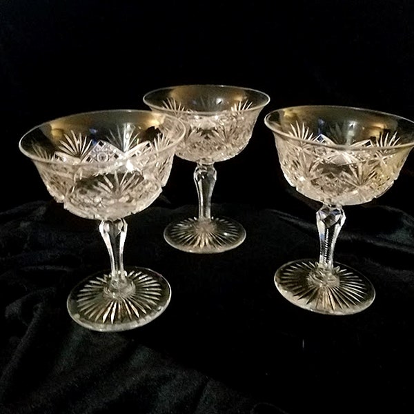 3 Vintage Americana Hand-Cut Crystal Glasses-Goblets-Cocktail