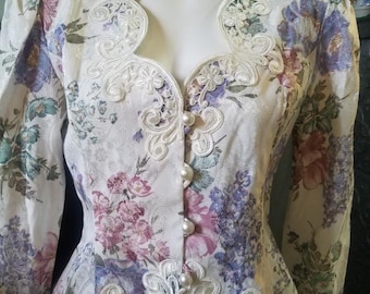 Romantic 90's Victorian Style Jacket Top Lace Applique, Pearl Buttons, Easter Sunday